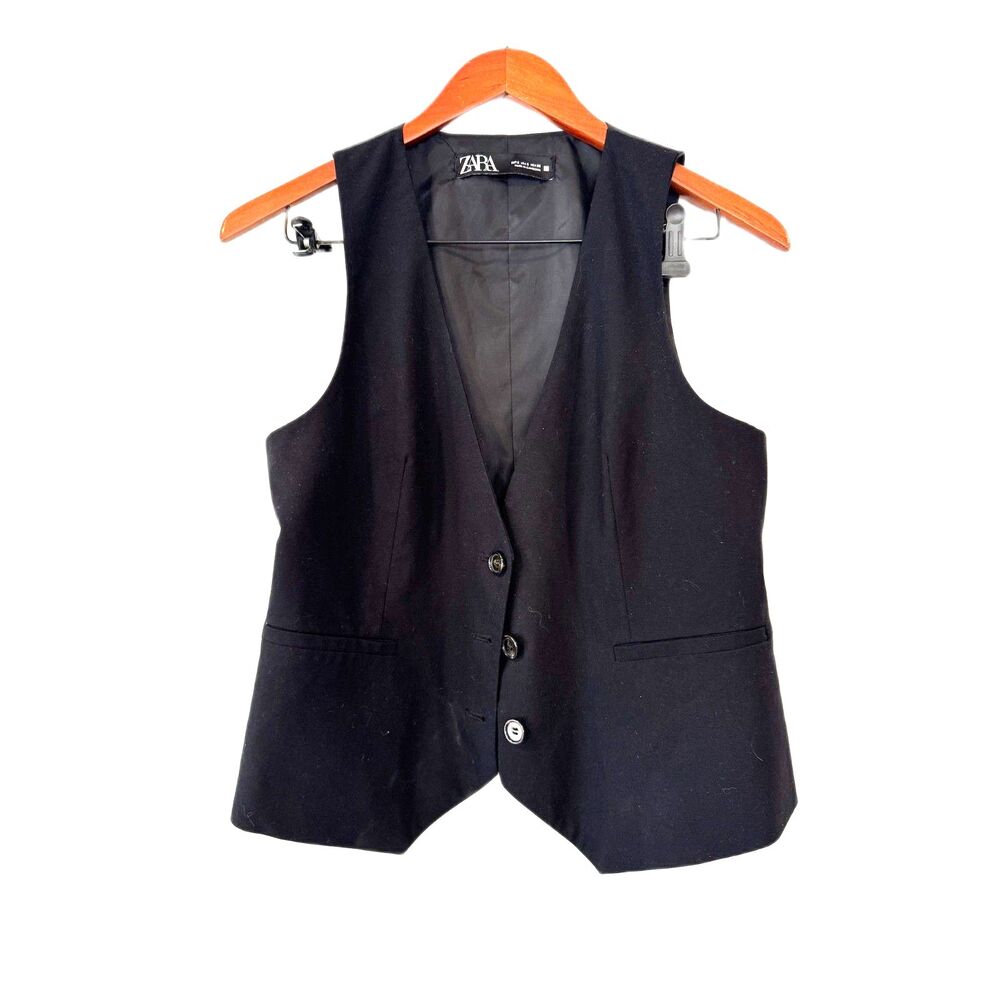 Zara Black Button Front Vest Lined Small Three Buttons V-Neck